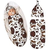 Cow Print Brown Newborn Swaddle Blanket Baby Stuff Baby Swaddling Blanket with Beanie Set Soft Sleeping Sack for Unisex Girls Boys