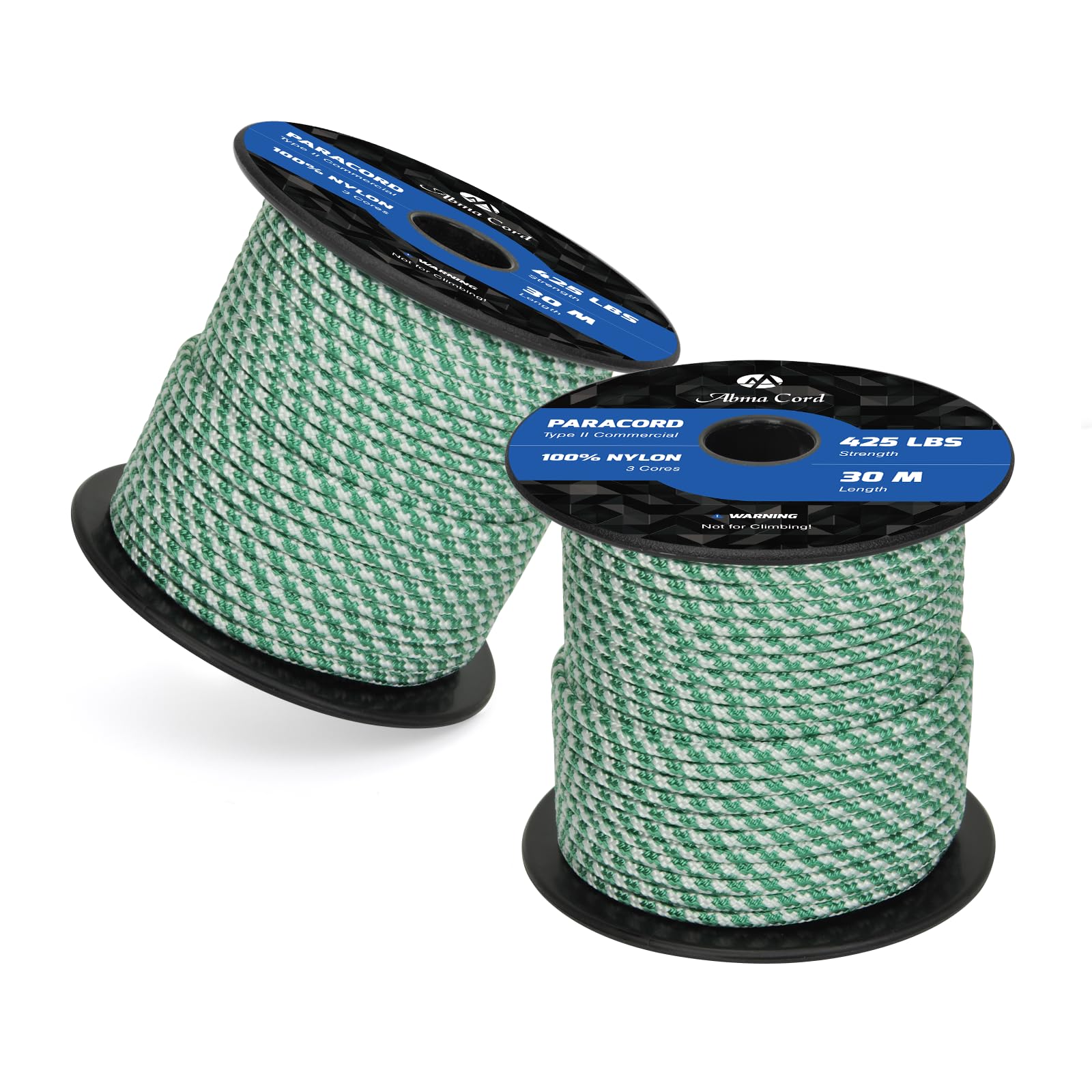 Abma Cord Paracord 425 lbs 3mm 100% Nylon 30M - White & Kelly Green