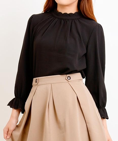 Amazon マジェスティックレゴン Majestic Legon 雑誌掲載 スカラップ刺繍スタンドブラウス M ブラック シャツ ブラウス 通販