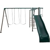Lifetime 91028 Monkey Bar Adventure Swing Set with 3 Swings, Trapeze Bar, 9-Foot Slide and Fireman's Pole, Earthtone