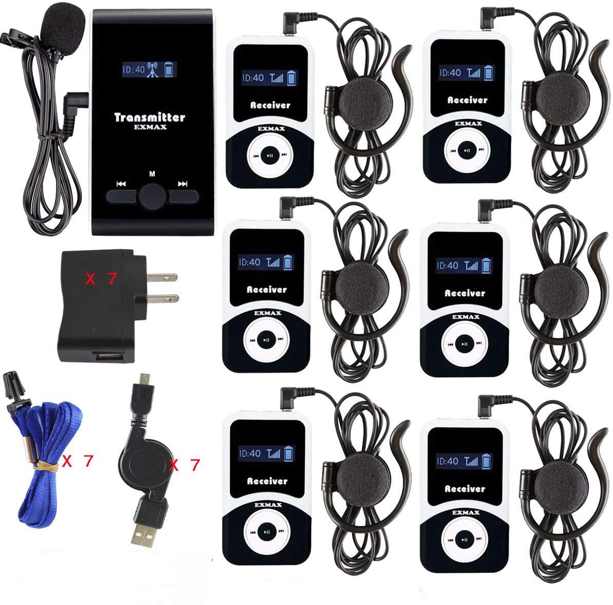 EXMAX ATG-100T 195MHz Wireless Tour Guide System Headsets Voice Transmission For Simultaneous Church Translation Translator Interpretation Equipment Teaching Conference Trip(1 Transmitter 6 Receivers)