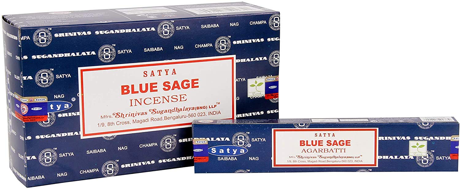 Satya Blue Sage Incense Sticks 3 Pack Set 15g Each with JRose Wooden Incense Holder, Hand Rolled Masala Agarbatti Sticks for Home Fragrance Meditation Yoga Relaxation Aromatherapy