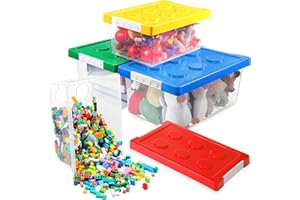 Vicenpal 4 Pack Toy Storage Containers with Lids Brick Shaped Kids Toy Organizer Box Plastic Clear Stackable Bin Chest for Building Block Dolls(Large, X-Large,Red, Yellow, Blue, Green)
