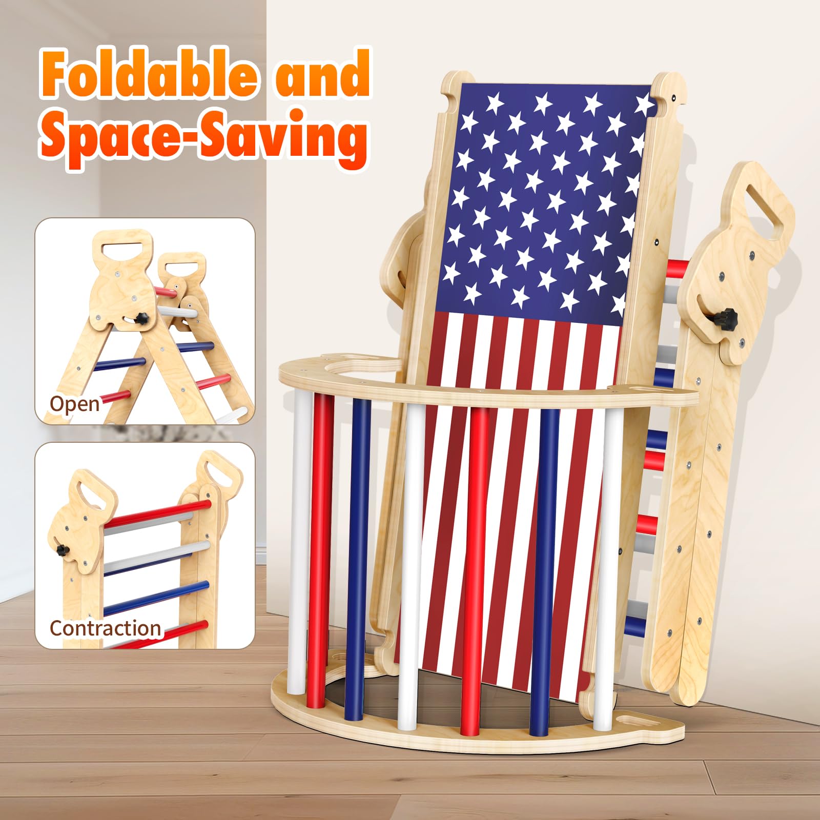 Pikler Triangle Set Flag Style, Wooden Montessori Climbing Set,Foldable Pickler-3-Piece Climbing Gym with Triangle Climbing Frame, Arch, Ramp, Indoor Climbing Toys for Children Aged 1-3