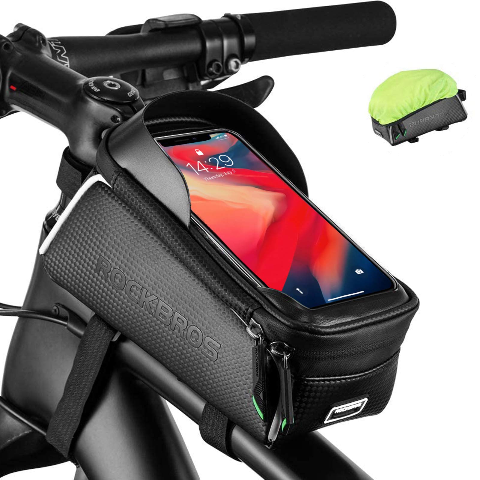 ROCKBROS Bike Frame Bag, Waterproof Touch Screen Phone Holder for Smartphone under 6.3 Inches with Rain Cover