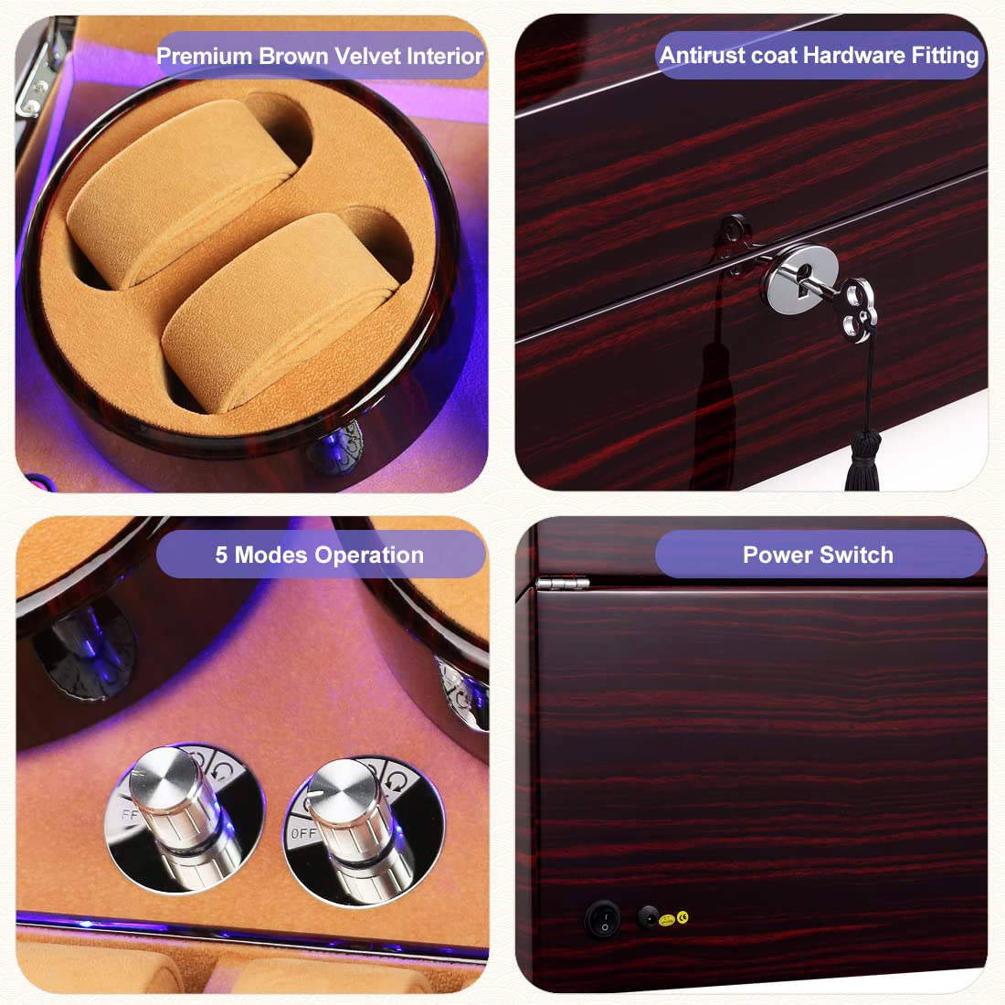 FRUCASE 4+6 Watch Winder for Automatic Watches, New Version, Wooden Box with High-end Velvet Interior and Battery Option
