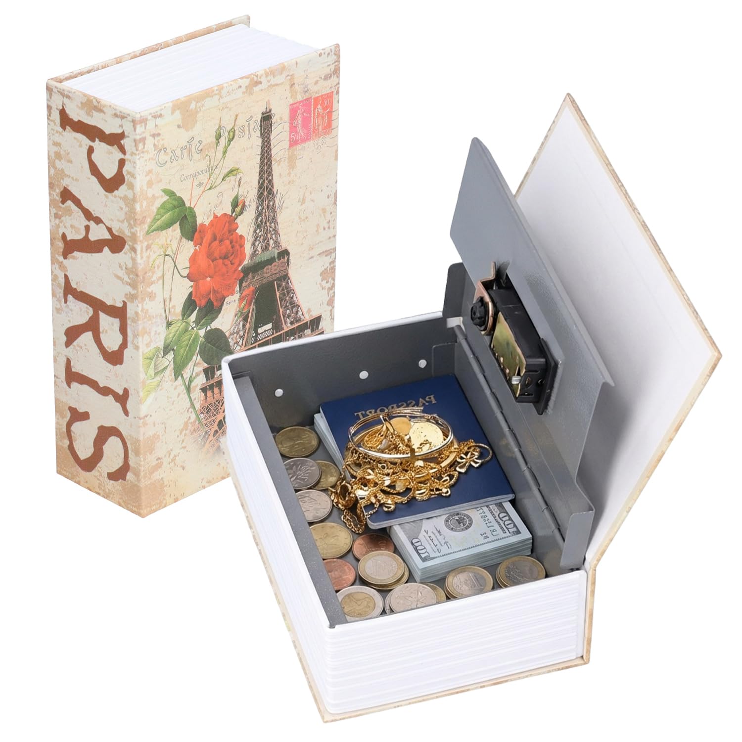 Tisssting Book Safe with Combination Lock, 7.1 x 4.6 x 2.2in Paris Tower Steel Book Hidden Diversion Safe Lock Box Code Lock Storage Box for Cash Jewelry