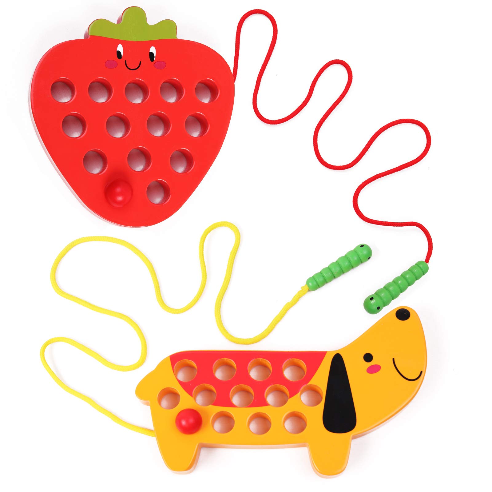 Wooden Lacing Threading Toys Fine Motor Skill Toys for 3 Year Old Educational and Learning Montessori Toddler Travel Toy 1 Strawberry and 1 Dog