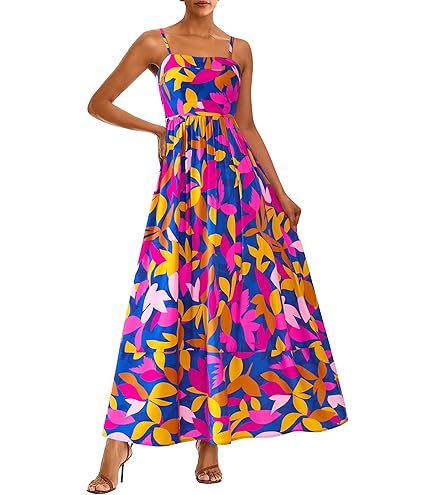 spaghetti strap contrast print swing maxi vacation dress Forandiu Womens Striped Dresses Casual Back Smocked Cute Flowy Long Sundress Resort Wear Clothes Blue at Amazon Women's Clothing store SHADOW FLORAL PRINTED SILK CHIFFON Color:BLUEBELL How to Style Black Leather and Elastane