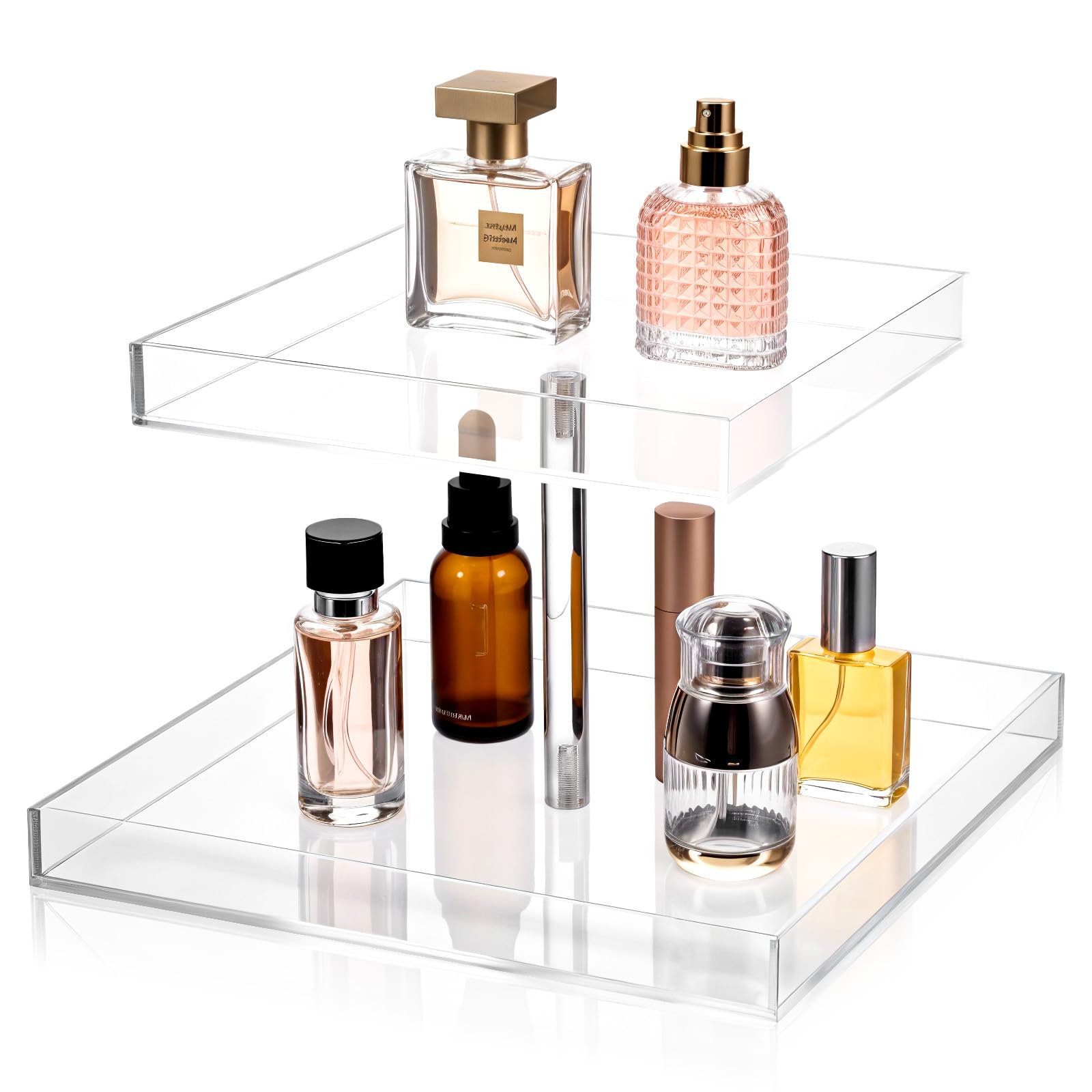 Photo 1 of 2-Tier Acrylic Perfume Organizer Clear Cosmetic Storage Tray for Dresser & Countertop Sturdy Perfume Display Stand with Non-Slip Base, Multi-Purpose Makeup Jewelry Holder
