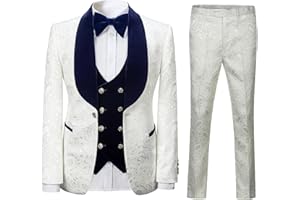 pbyoulna Men's Paisley Jacquard Tuxedo, One Button Shawl Lapel 3 Piece Suit