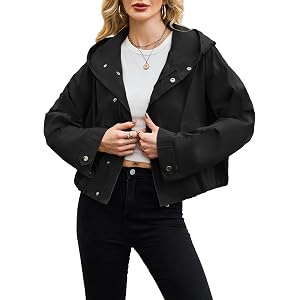 Kikibell Womens Cropped Jacket Lightweight Trendy Raincoat Oversized Utility Anorak Coat Waterproof Windbreaker with Pockets