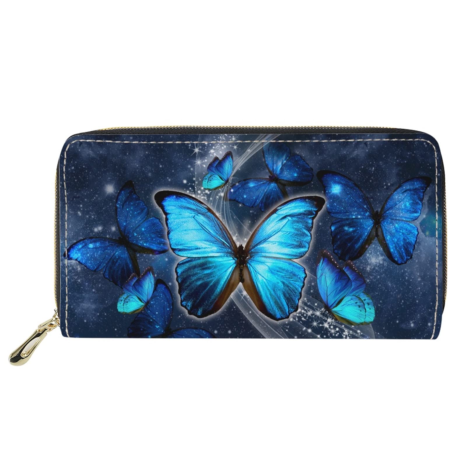 Dolyues 3D Blue Butterfly Galaxy Pattern Women Long Zip Wallets with Multiple Card Slots,Ladies Purses Coin Pocket Card Holders