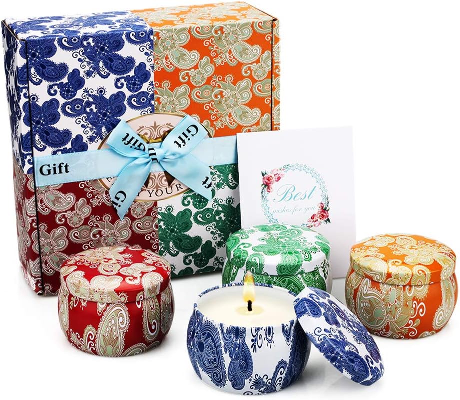 Yinuo Mirror Scented Candles Gift Set, Natural Soy Wax 4.4 Oz Portable Travel Tin Candles Women Gift with Strongly Fragrance Essential Oils for Stress Relief and Aromatherapy - 4 Pack