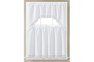 GLORY RUGS 3pc Kitchen Curtain Solid White Valance Set 1 Swag Valance and 2 Tiers 2 Tiers Width 29"x 34" Each and The Valance Length 58"x34"