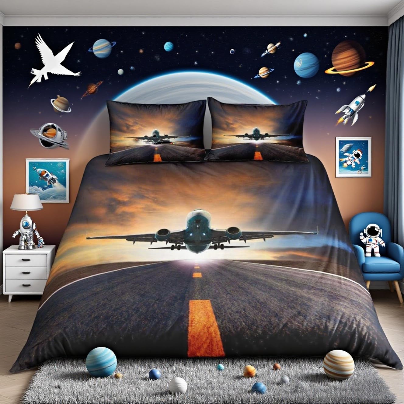 Homemissing Aircraft Duvet Cover Aircraft Flying Bedding Set Airplane Comforter Cover for Boys Girls Kids Helicopter Flying Plane Lightweight Bedspread Cover Single Size