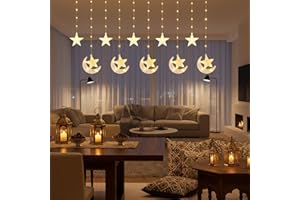 Ramadan Curtain String Lights, 110 LED Warm White Window Lights with 10 Hanging Star & Moon Ornaments, 8 Modes Plug-in Star M
