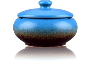 LAUYOO Ashtray, Outdoor Ashtray with Lid Smokeless Waterproof Ash Tray, Ceramic Ashtray for Cigarettes Home Office, Porch Patio Decorations Outdoor Indoor Ashtray (Blue)