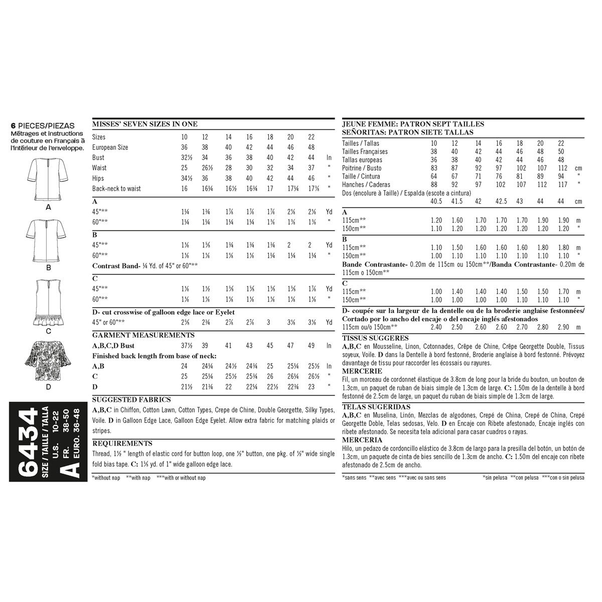 NEW LOOK Patterns Misses' Tops with Fabric Variations Size A (10-12-14-16-18-20-22) 6434