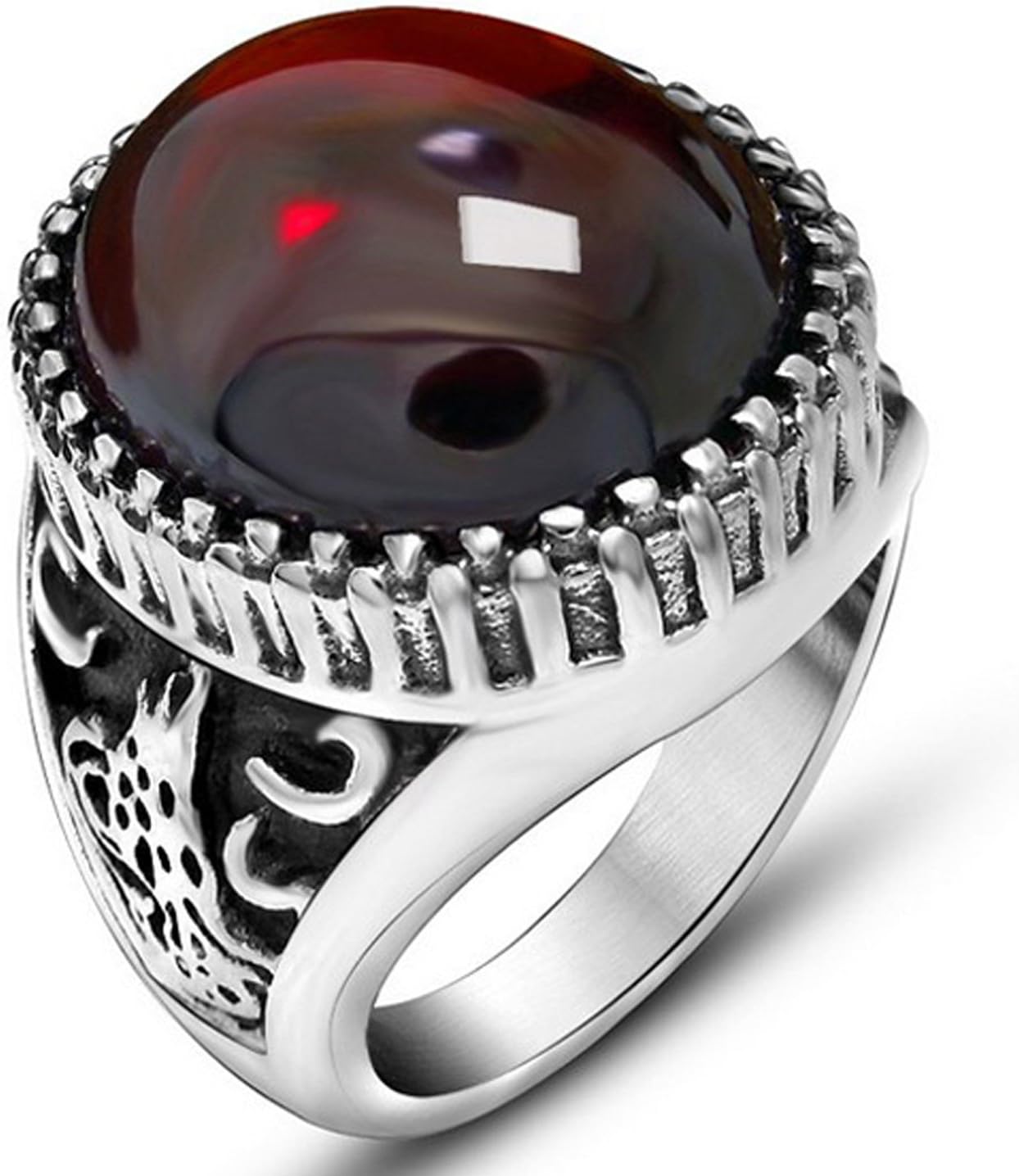 Claire Jin Round Red Agate Retro Delicate Animal Relief Embossment Titanium Stainless Steel Men Ring Vintage Jewelry Couple Rings