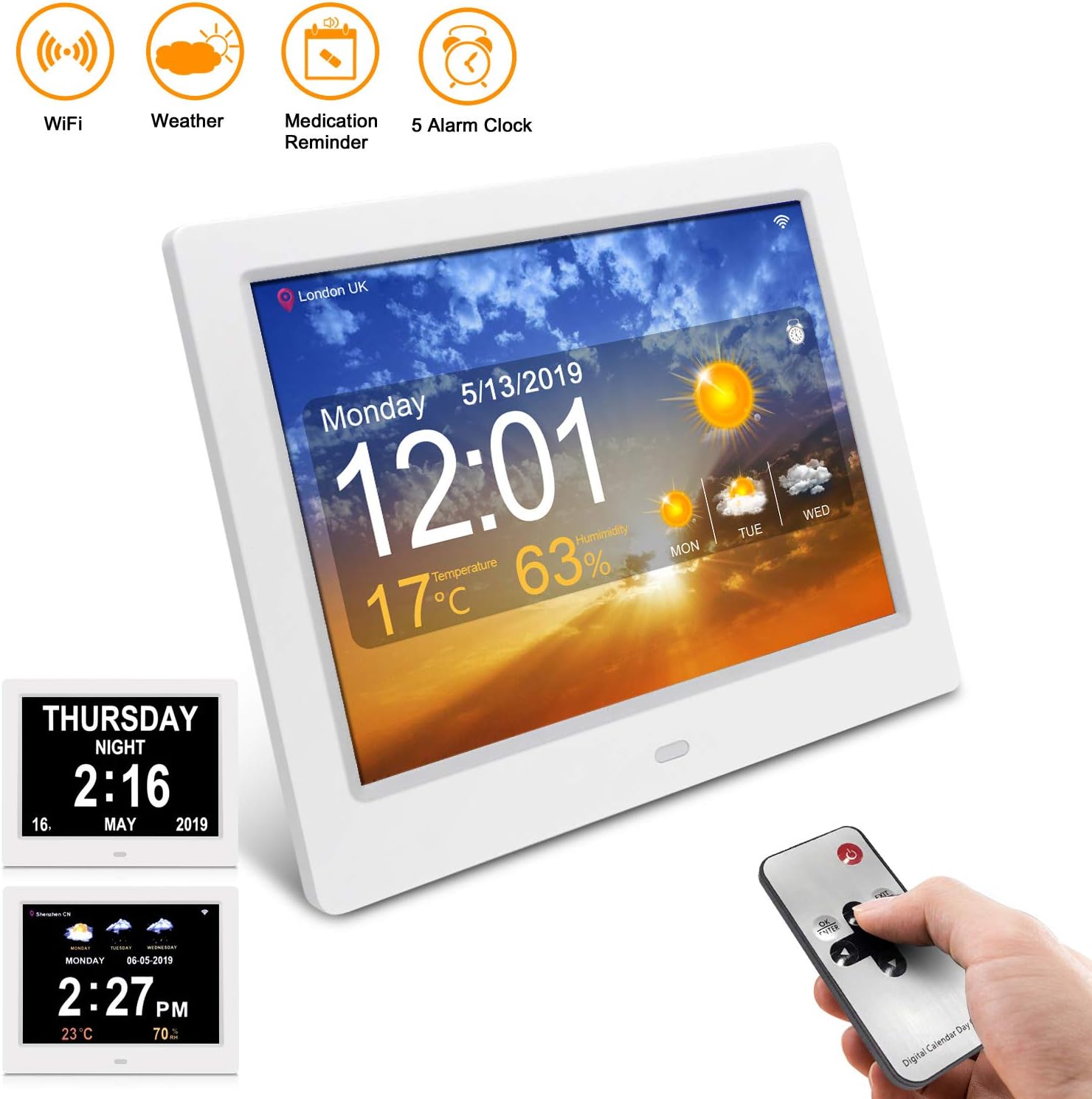 SSA Dementia Clock, 8" Digital Clock with Weather Report 9 Weather Interfaces 5 Alarm Options Clear Large Non-Abbreviated Day & Month Wifi Clock