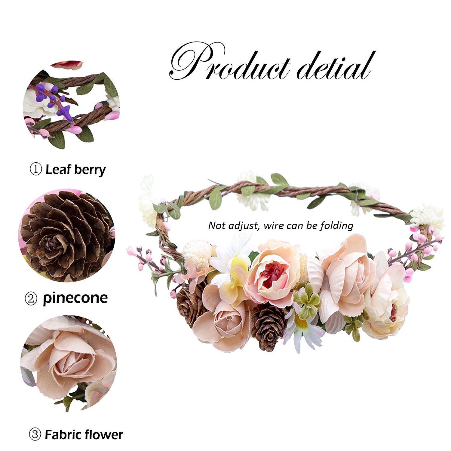 AWAYTR Bohemia Flower Crown Headband - Exquisite Pinecone Leaf Berry Flower Headband Flower Halo Wreath women (Light khaki+Light pink): Beauty