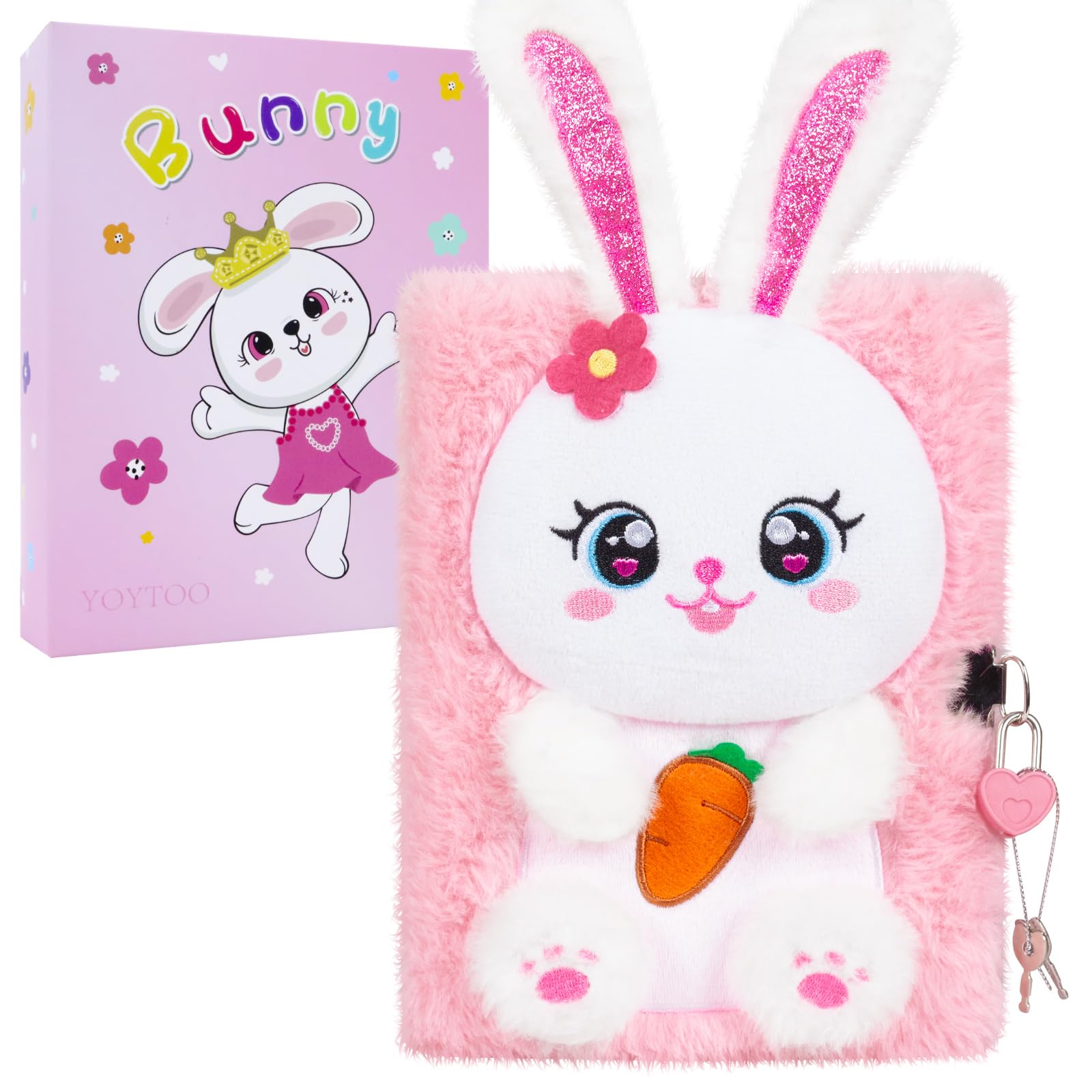 YOYTOO Bunny Diary for Girls with Lock, Plush Bunny Toys Gift for Teen Girls, Kids Rabbit Writing Journal Notebook, Birthday Gifts for Little Girls Ages 5 6 7 8 9 10-12 Year Old
