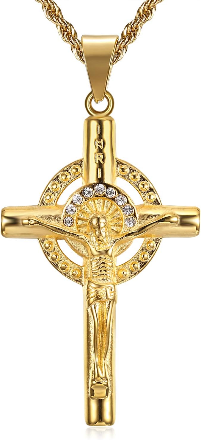 Gold Cross Necklace for Men Women, 24K Gold Plated Simulated Diamond CZ Fully Crucifix Cross Catholic Jesus Christ Pendant Stainless Steel Necklace,20,24 Inch Chain Jewelry