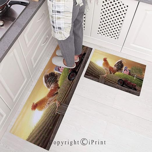 Amazon Com Kitchen Rugs Set 2 Piece Non Slip Kitchen Mats And Rugs Runner Set Farm Barn Yard Image Kitchenware And Home Decor Rooster Early Bird Natural Sunrise Rubber Backing Floor Rug Doormat Machine Washable