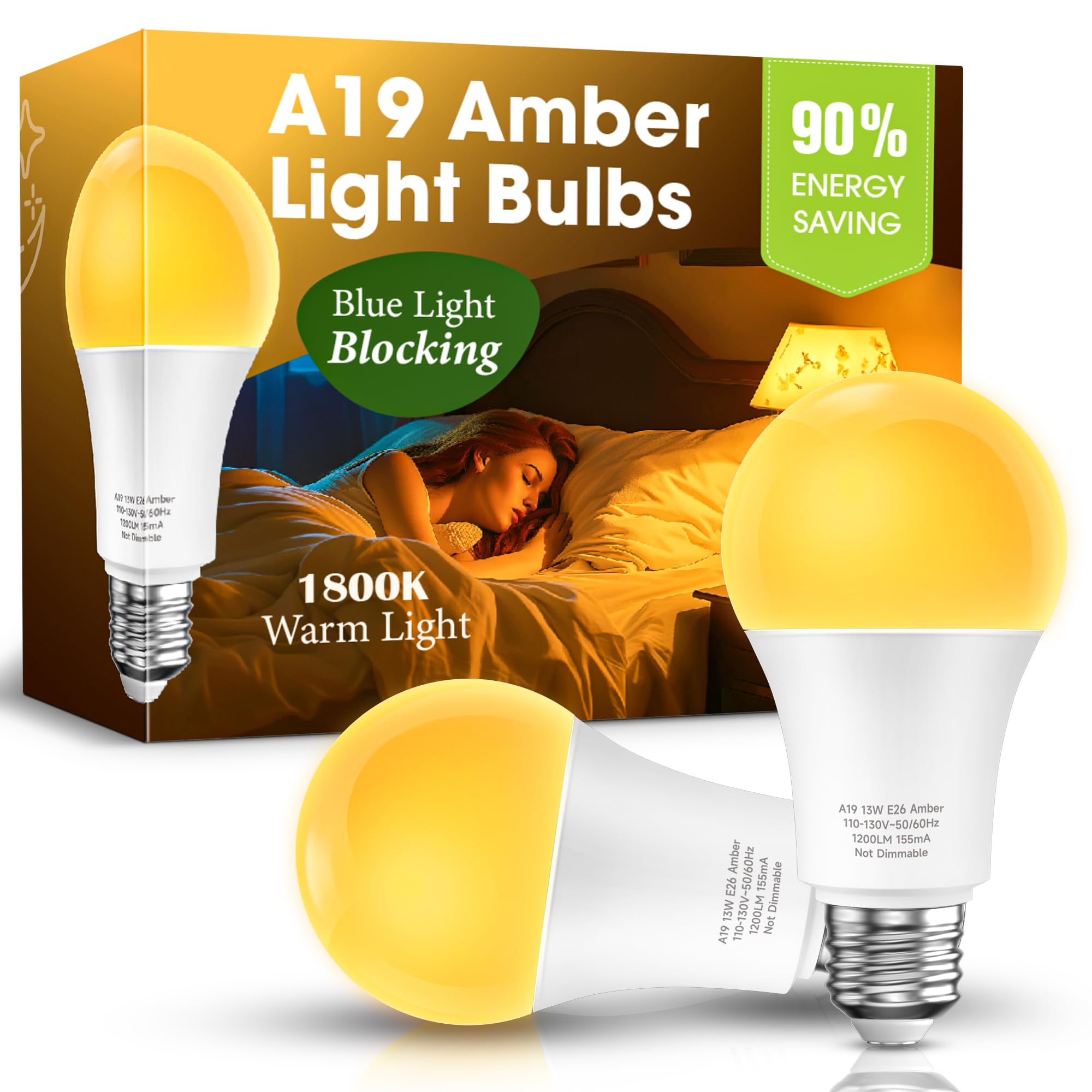 Photo 1 of Eastiya Sleep Light Bulb 100 Watt Equivalent 13W, Blue Light Blocking, 1800K Amber Color Light Bulbs, A19 Warm Light Bulb for Healthy Sleep and Baby Nursery Kids Bedroom, 2 Pack