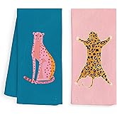 WFSM Pink and Blue Preppy Leopard Cheetah Kitchen Towels and Dishcloth Set of 2, Funky Trendy Dish Towels for Kitchen, Funky Hand Towels for Bathroom, Preppy Bathroom Decor, 16x24 Inches