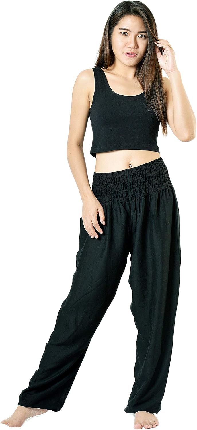 Orient Trail Smocked Waist with Elastic Cuffs Scrunched Bottom Tribal Elephant Harem Pants US Size 0-22