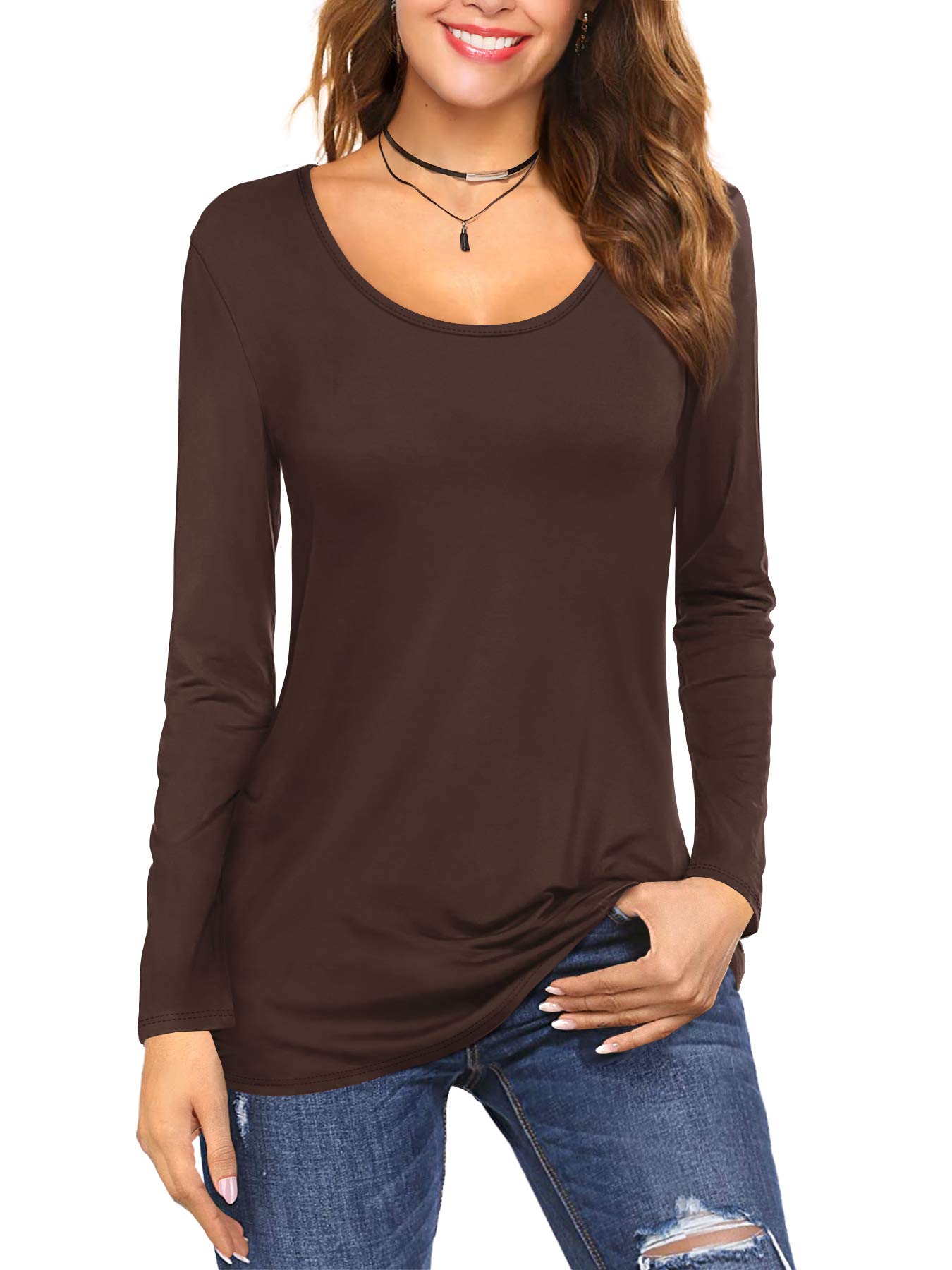 Photo 1 of Amoretu Womens Solid Color Scoop Neck T-Shirt Trendy Long Sleeve Tee Tops Brown M