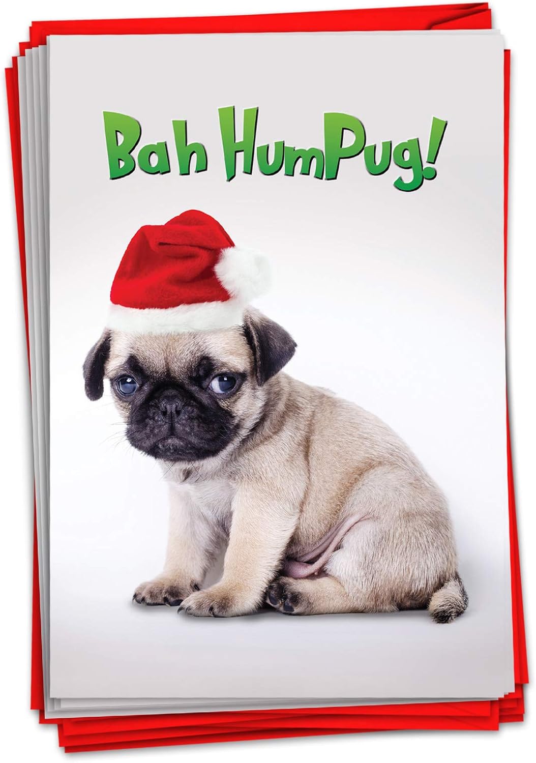 Amazon Com Bah Humpug 12 Boxed Dog Christmas Cards With Envelopes 4 63 X 6 75 Inch Cute Pet Pug Dog With Santa Hat Happy Holidays Note Card For Kids Adults