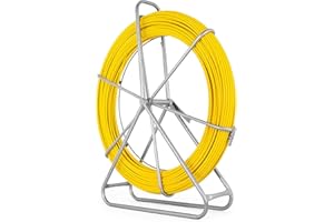 LIKEEM Fish Tape Fiberglass 6MM 656FT,Duct Rodder Fish Tape Puller Fiberglass Wire Cable Running with Cage and Wheel Stand,Durable Steel Reel Stand,Fish Tape Min Bending Radius 13 inch/330 mm (6mm 656Ft)