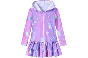 Ghteas Girls Swim Cover Up Dress Long Sleeve Hooded Zip Up Bathing Suit Cute Ruffle Coverup Kids Pool Beach Robe 4-10Y
