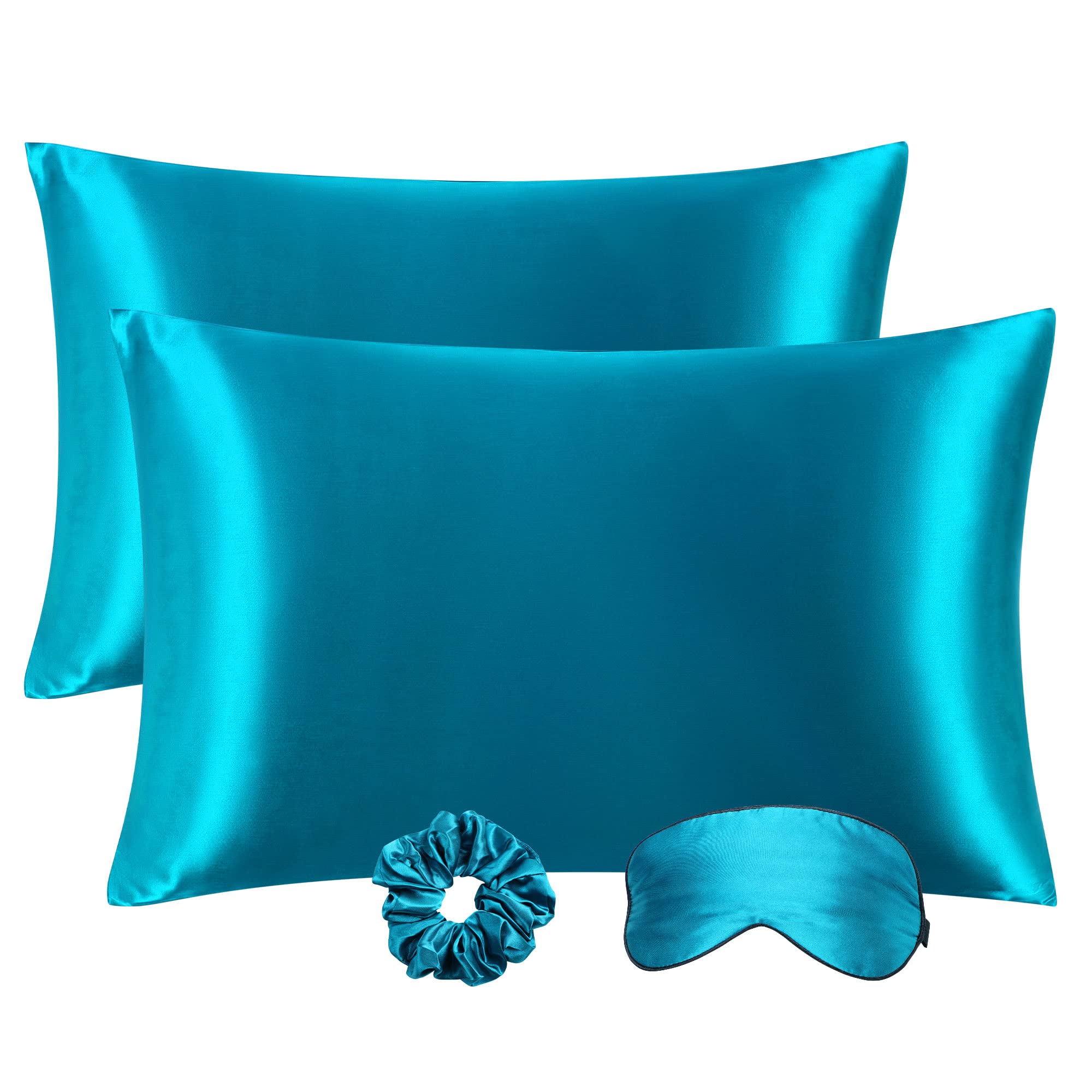 PiccoCasa Satin Pillowcases for Hair and Skin with Eye Mask and Scrunchie Soft Pillowcase 2 Pack Zipper Closure Silky Bed Pillow Covers Set for Sleeping Peacock Blue 50 x 65cm