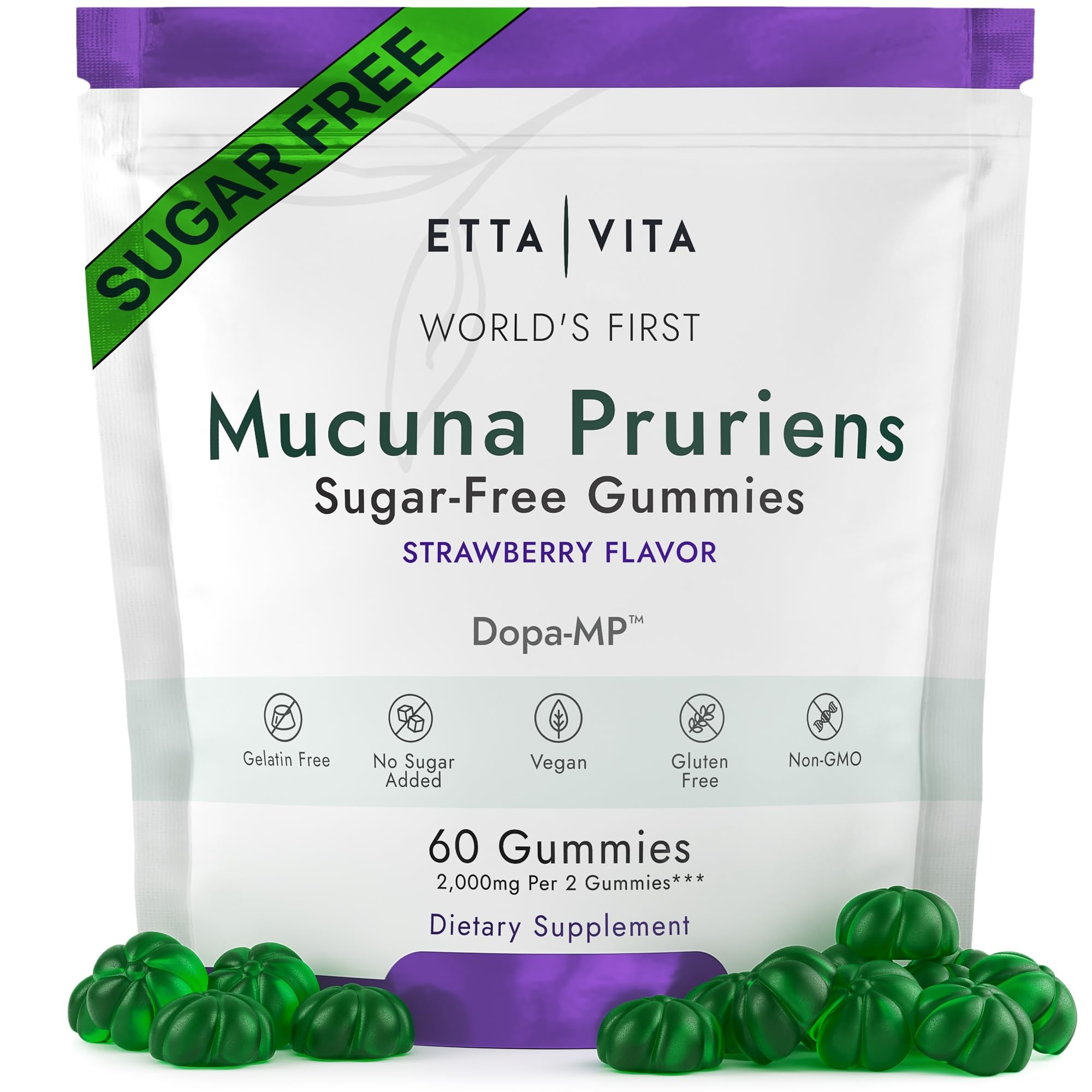 Dopamine Supplement - Sugar-Free Mucuna Pruriens Gummies (2g/serving) Energy & Focus Gummies - Potent Mucuna Pruriens Extract Supplement for Calm Mood and Motivation, Vegan, Non-GMO, Gluten-Free, 60ct
