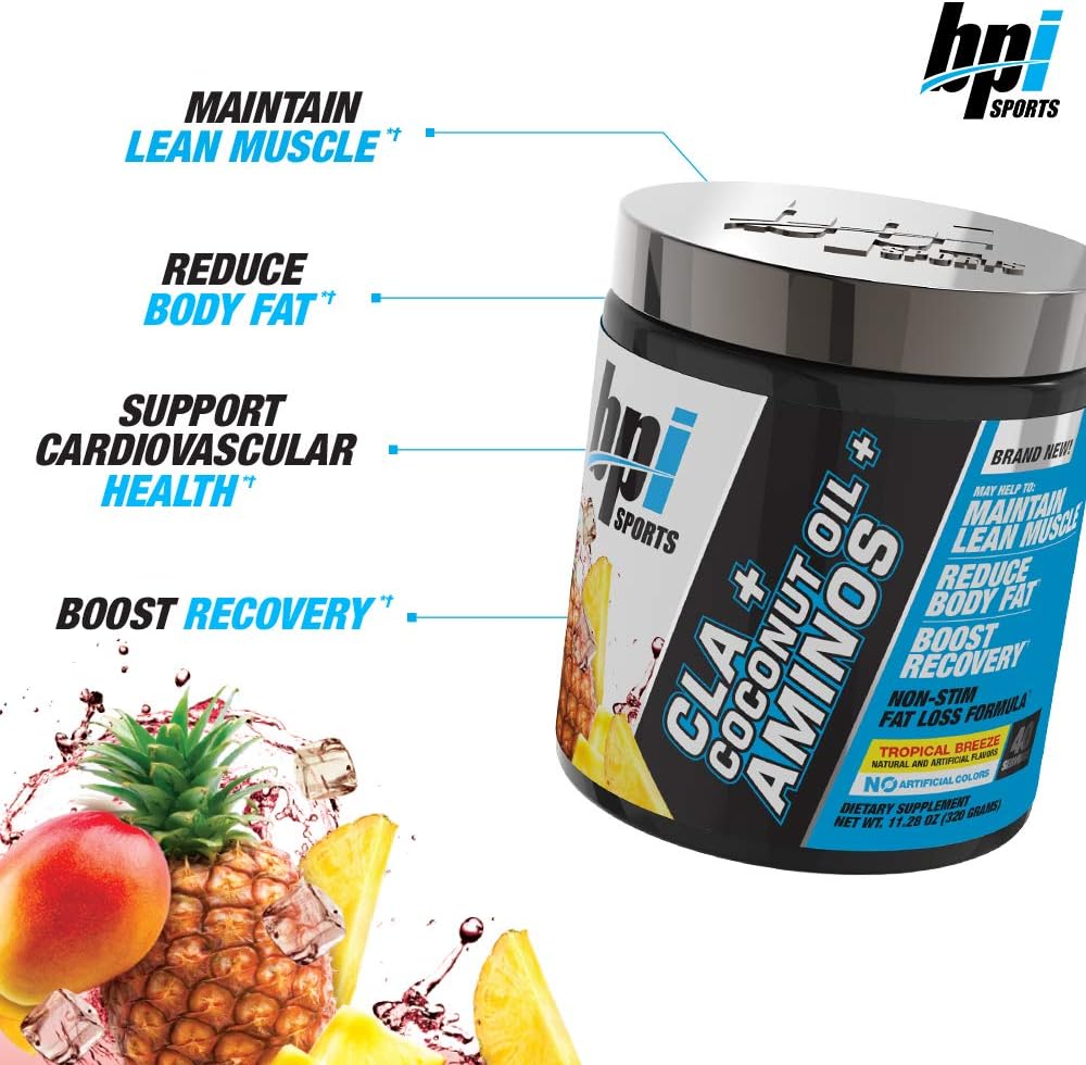 BPI Health CLA + Coconut Oil + Aminos, Non Stimulant Fat Loss Supplement Powder, Tropical Breeze, 40 Servings,11.28oz: Health & Personal Care