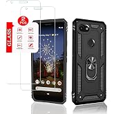 for Google Pixel 3A XL (NOT Fit 3A) Case with [2 Pack] Tempered Glass Screen Protector, for Google Pixel 3A XL Heavy Duty Armor [Military-Grade] Protective，Magnetic Ring Stand Phone Case (Black)