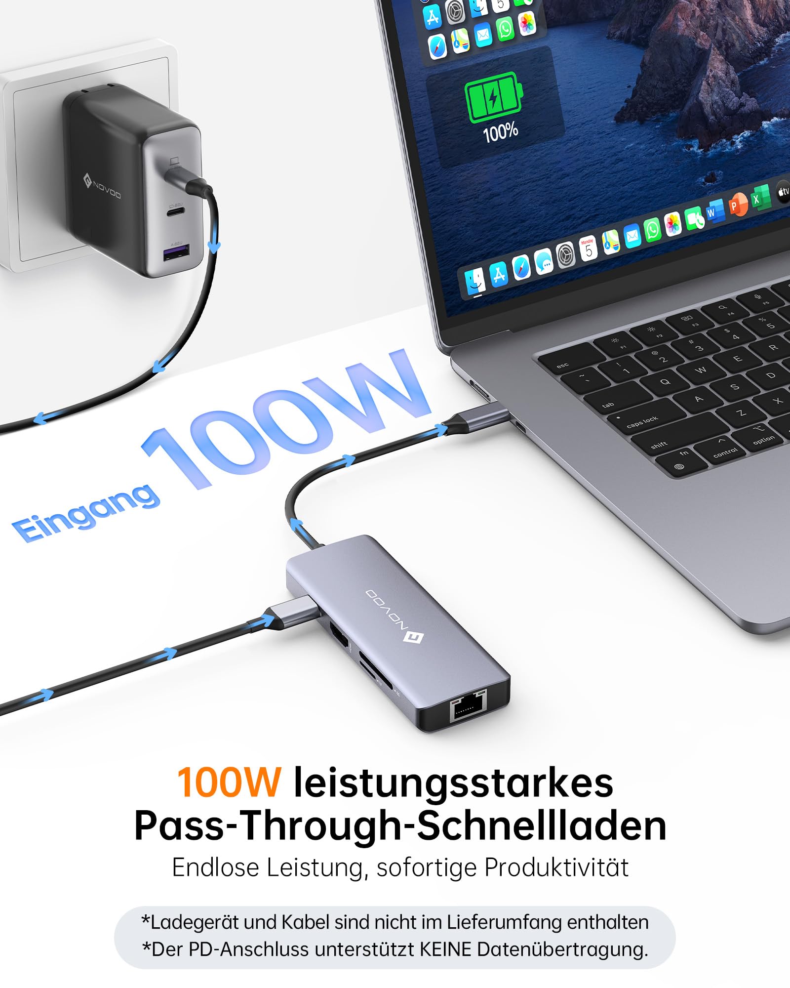 NOVOO USB C Hub 4K @ 60Hz HDMI 8-in-1 Adapter Gigabit Ethernet Docking Station with 100W PD, SD/TF Card Reader, 2 USB-A 3.0+1 USB-C Data Ports for MacBook Pro, MacBook Air, HP and More Type C Devices