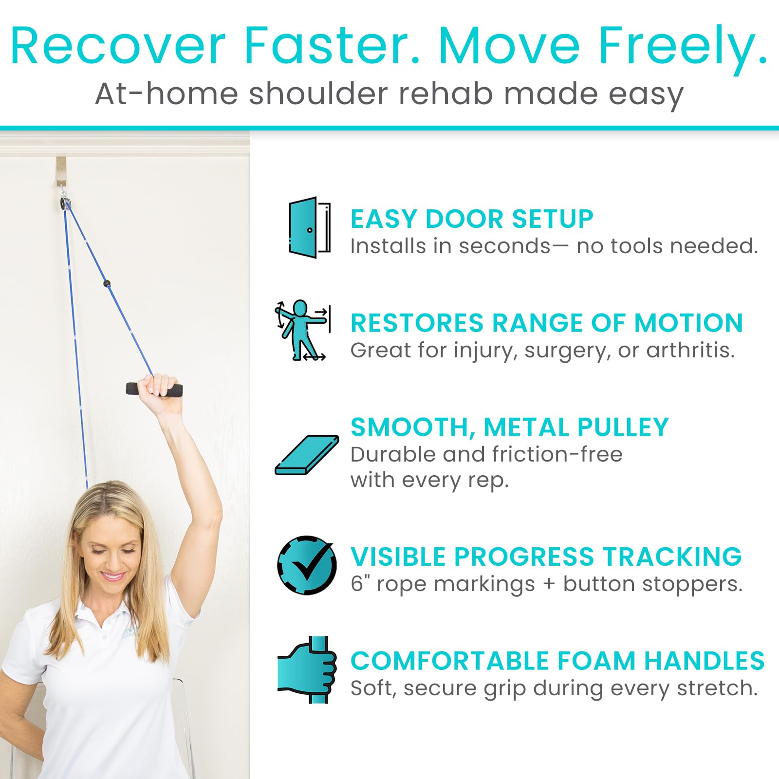 Vive Shoulder Pulley for Physical Therapy - Rotator Cuff Pain Pulley System - Over Door Rehab Exerciser - With Durable Metal Pulley & Comfortable Padded Handles