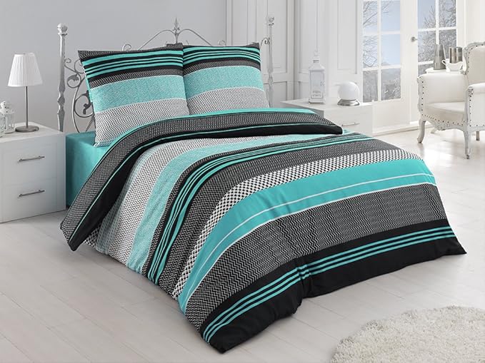 Buymax Bettwäsche-Set 3 Teilig, Renforce-Baumwolle, Reißverschluss, 200x220 cm, Türkis, Modern Zick Zack