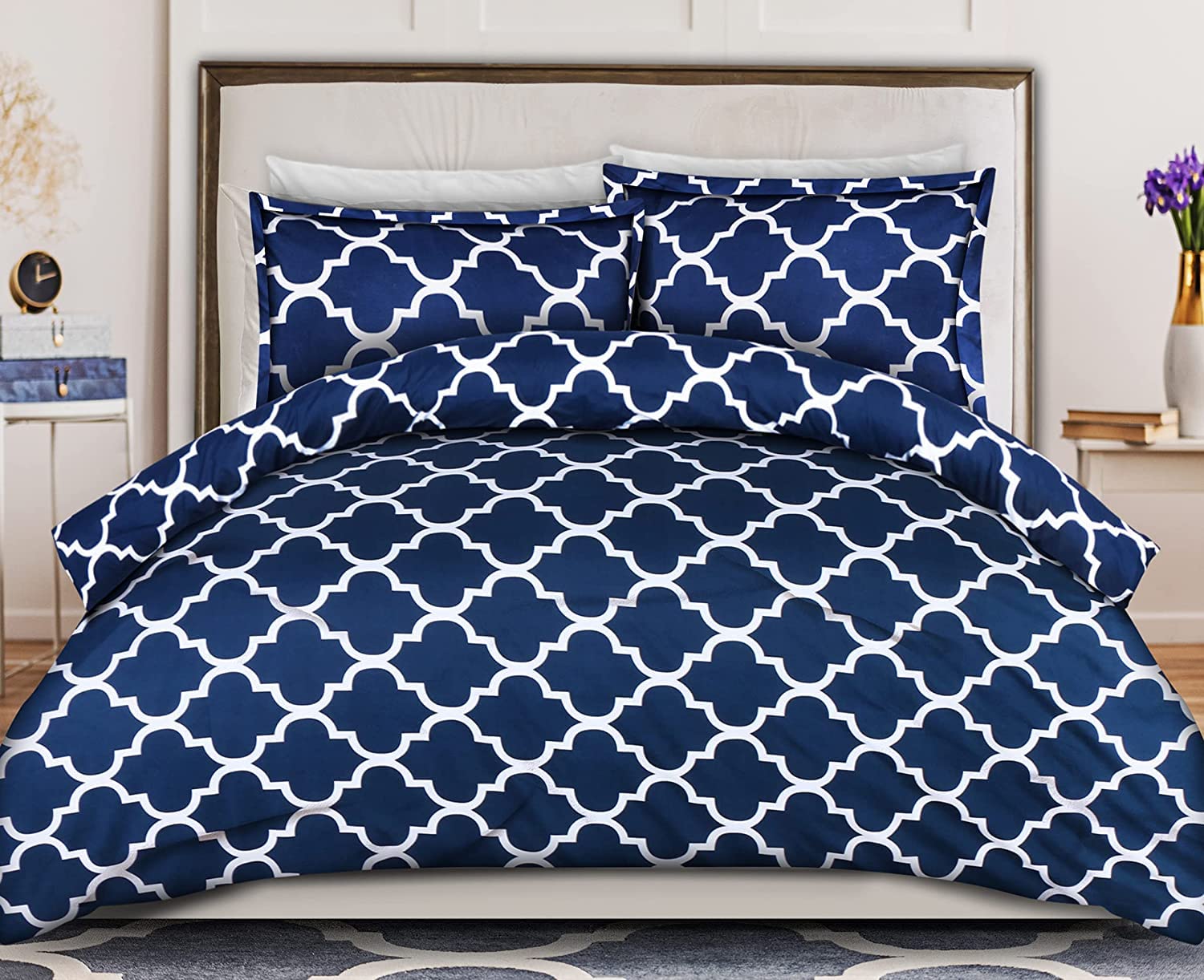 ComfyWell Super King Duvet Set - Printed Duvet Cover Sets Quilt Cover Super King Size Bed with 2 Pillowcases Zipper Closure-Ultra Soft Brushed Microfiber. Navy Blue (Super King(220x260cm), Navy Blue)