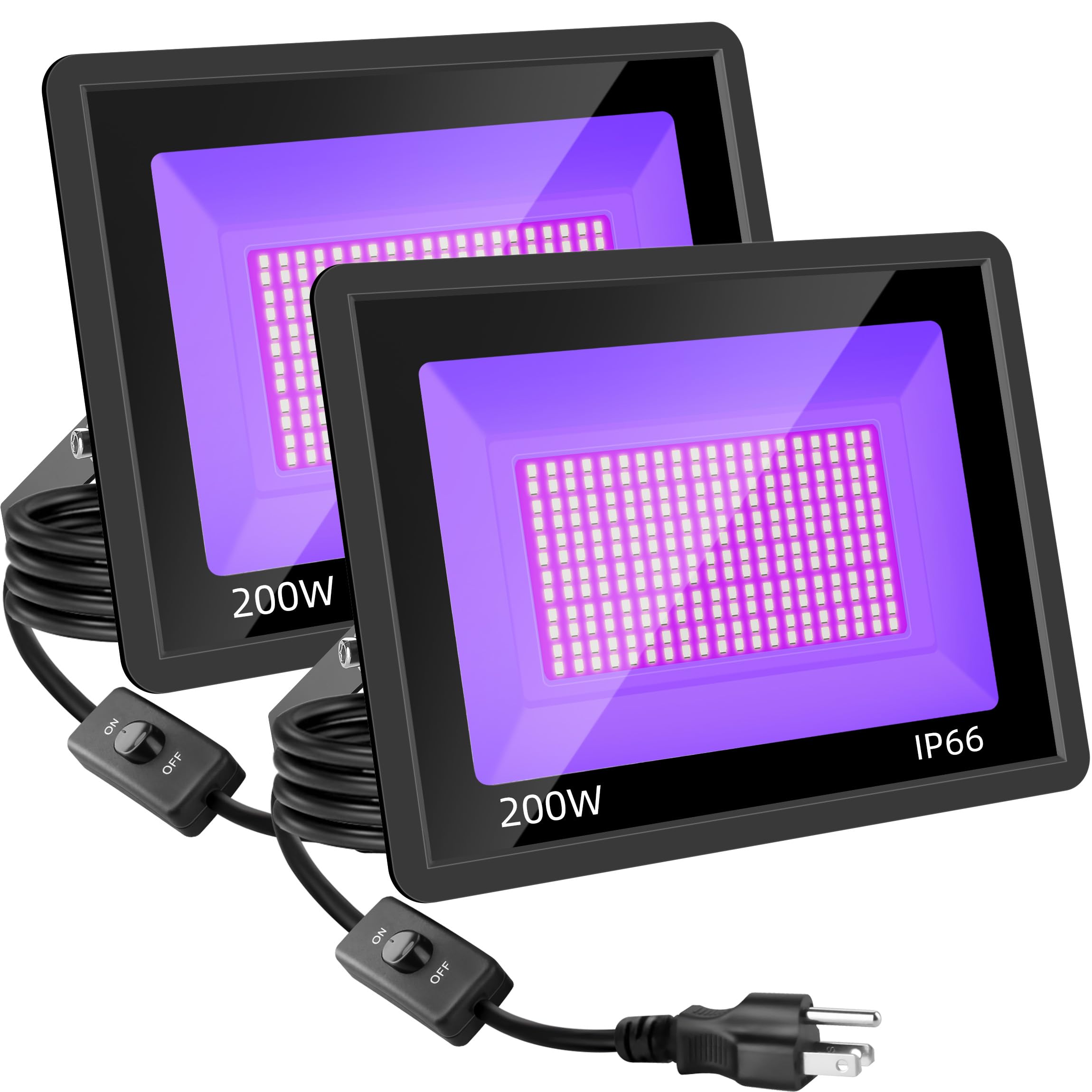 Photo 1 of 2 Pack 200W LED Black Lights, Blacklight Flood Light Outdoor with Plug and Switch, 395nm to 405nm Blacklight for Halloween Party, Glow in The Dark, Body Paint, Florescent, Aquarium