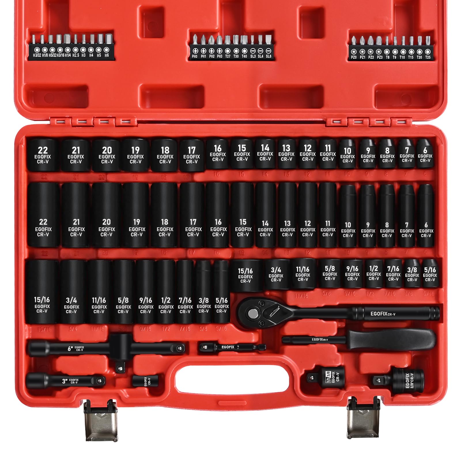 Photo 1 of 3/8" Drive Impact Socket Set, 90 Piece Metric Socket (6-22mm) and Standard SAE Size (5/16-15/16 inch) 6 Point, with 72-Teeth Ratchet Wrench, Mechanics Tool Kit for Automotive Repair