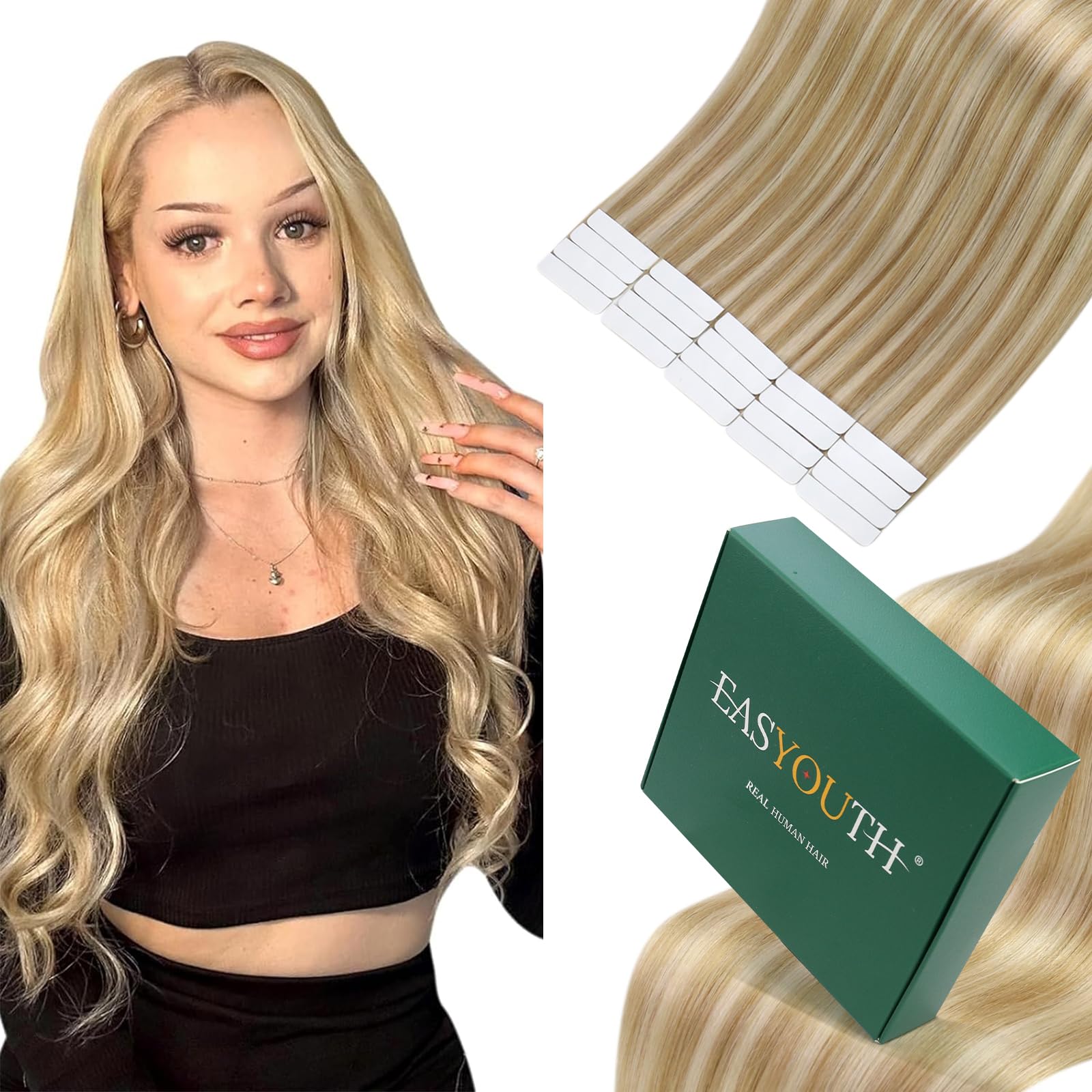 Easyouth Hair Extensions Tape in Human Hair Invisible Tape Hair Extensions Blonde Highlight Tape Extensions Real Human Hair Tape ins 24 Inch Honey Blonde Mixed Medium Blond 50g 20Pcs #27/613 — image 1