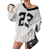 SOLY HUX Women's Y2k Oversized Sweater Number Graphic V Neck Drop Shoulder Long Sleeve Pullover Tops