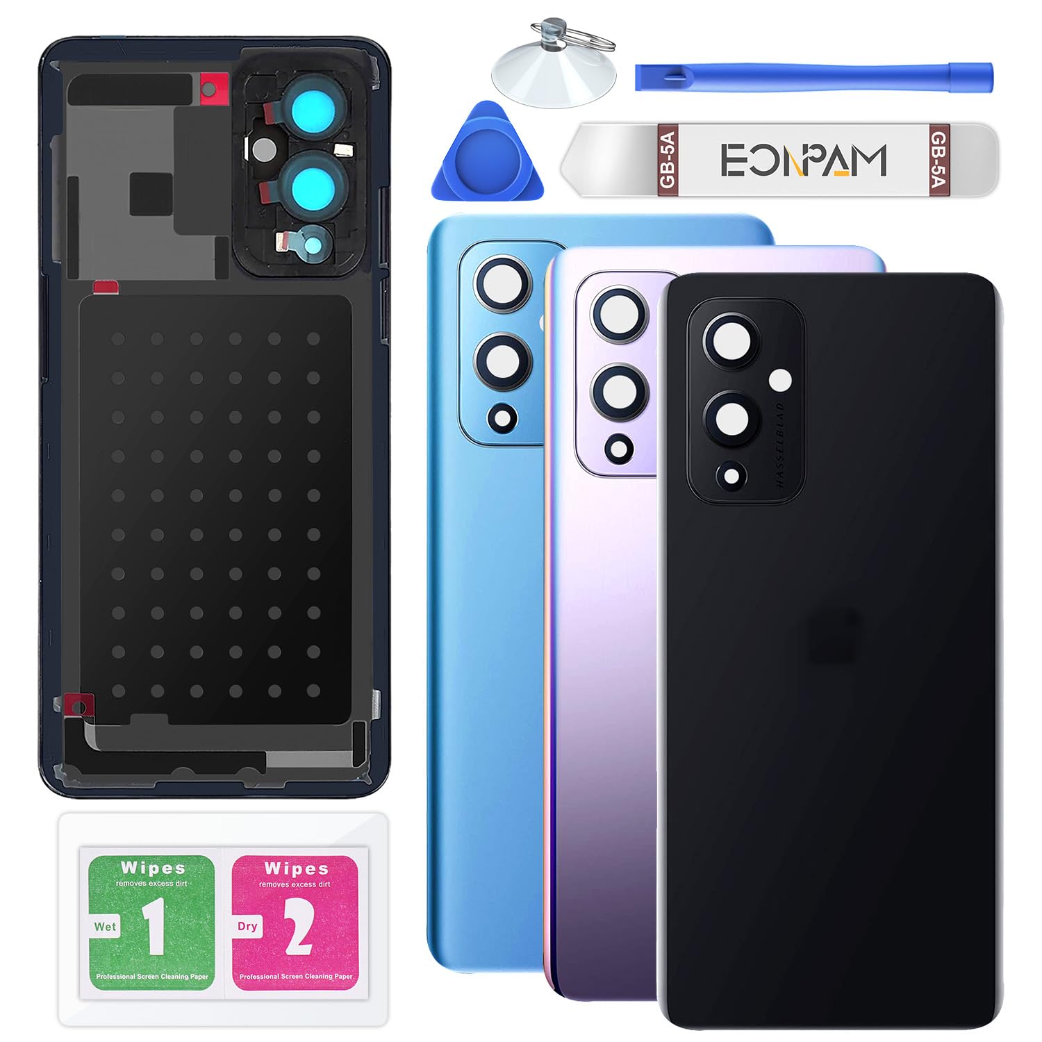 Eonpam Back Cover Glass for OnePlus 9 Rear Glass Replacement with Camera Lens + Repair Kit Genuine Rear Housing (Black)