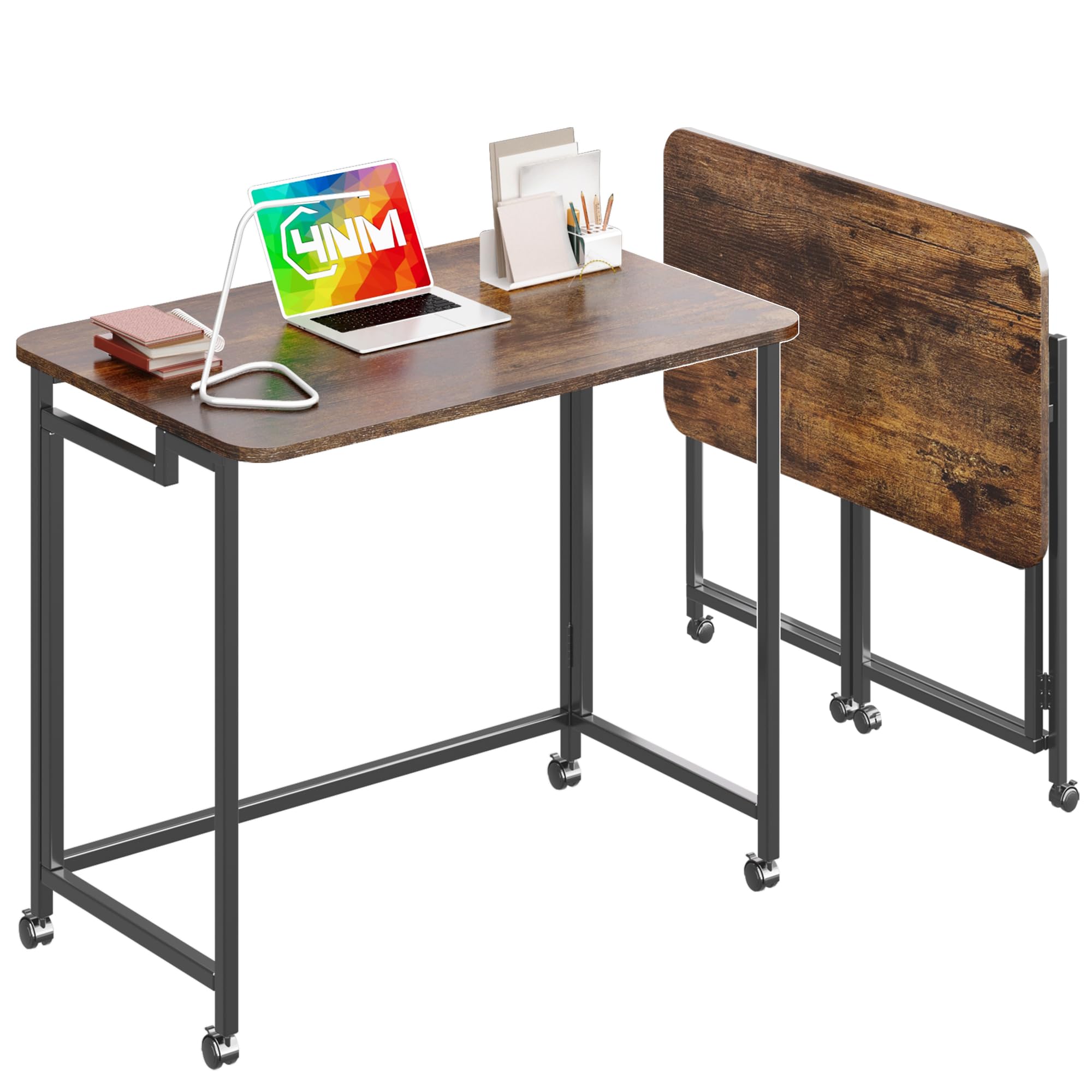4NM 27.5" Mobile Small Rolling Computer Desk, Folding Laptop Cart Table with Wheels, Portable Office Desk for Small Space Couch Bed - Rustic Brown and Black